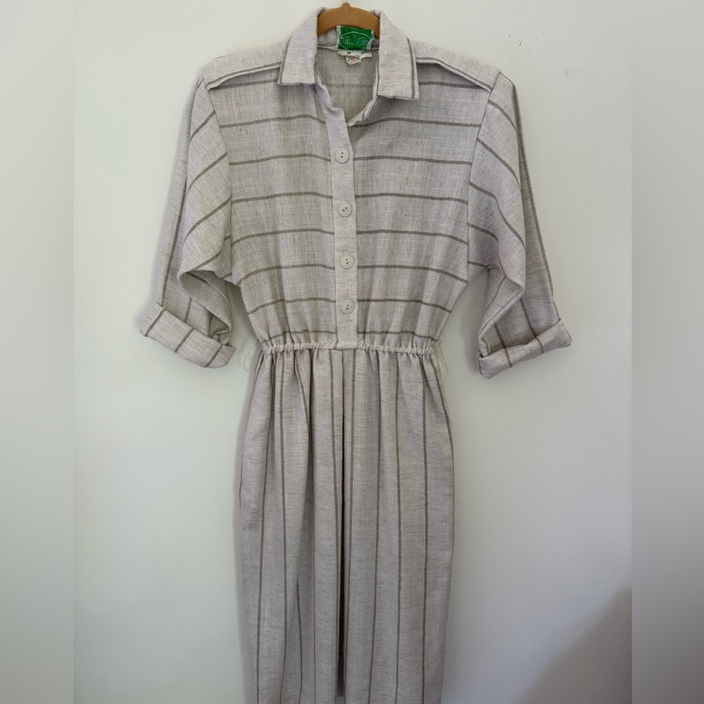 Vintage 80s Neutral Striped Shirtwaist Dress – Modest Midi Day Dress